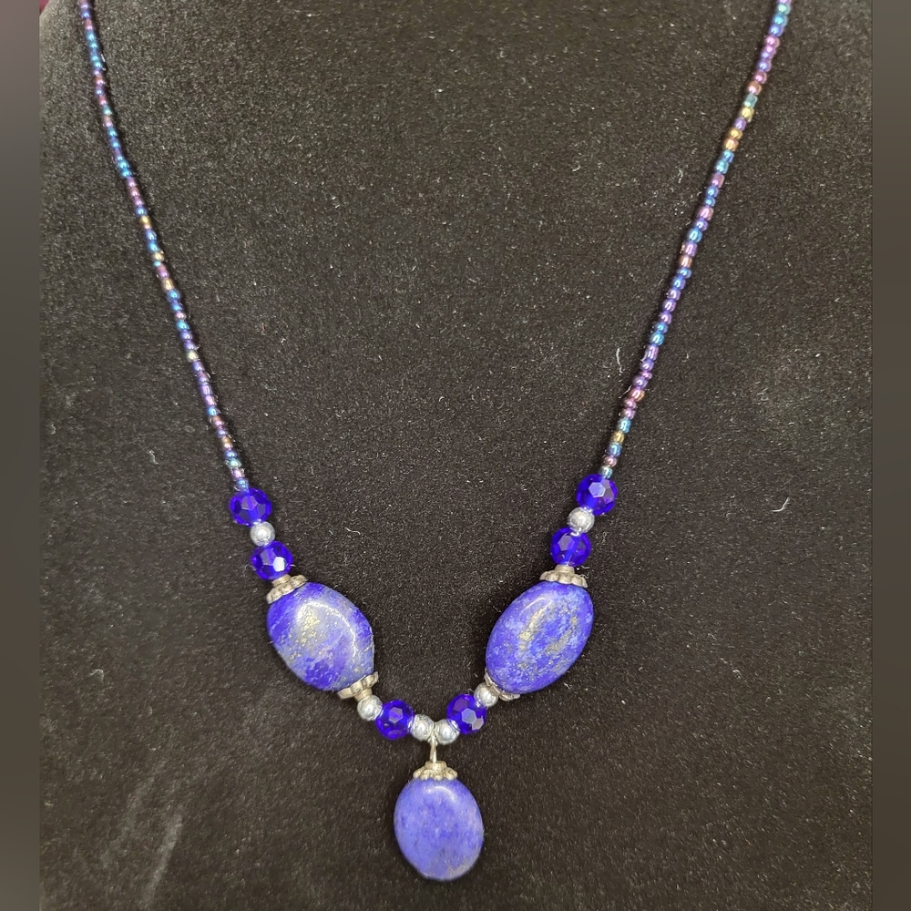 Genuine Lapis Lazuli Beaded Blue Statement Three Gemstone Artisan Necklace